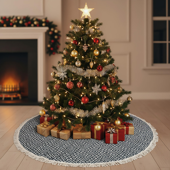 Handmade Greek Key Christmas Tree Skirt, ap 60” Round Decorator Canvas Fringe - Picture 2 of 9